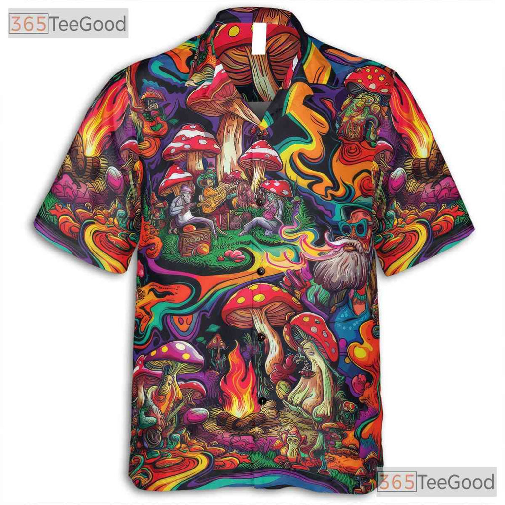 Trippy Mushroom Print Hawaiian Tee for Men Women Beach Festival Vacation