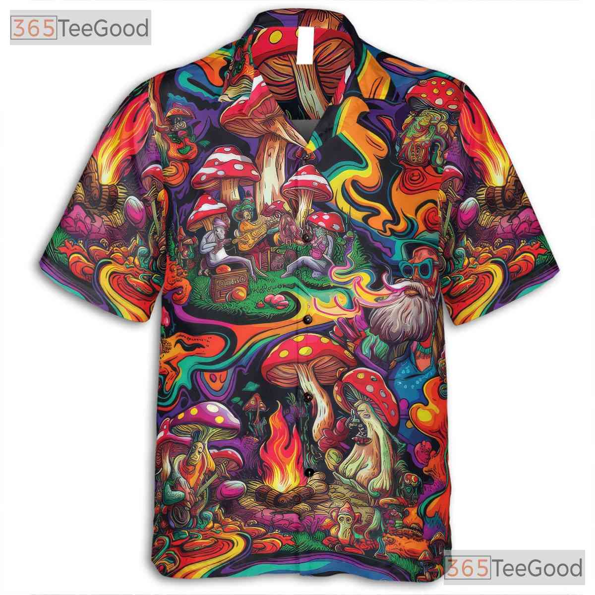 Trippy Mushroom Print Hawaiian Tee for Men Women Beach Festival Vacation