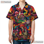 Trippy Mushroom Print Hawaiian Tee for Men Women Beach Festival Vacation