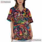 Trippy Mushroom Print Hawaiian Tee for Men Women Beach Festival Vacation