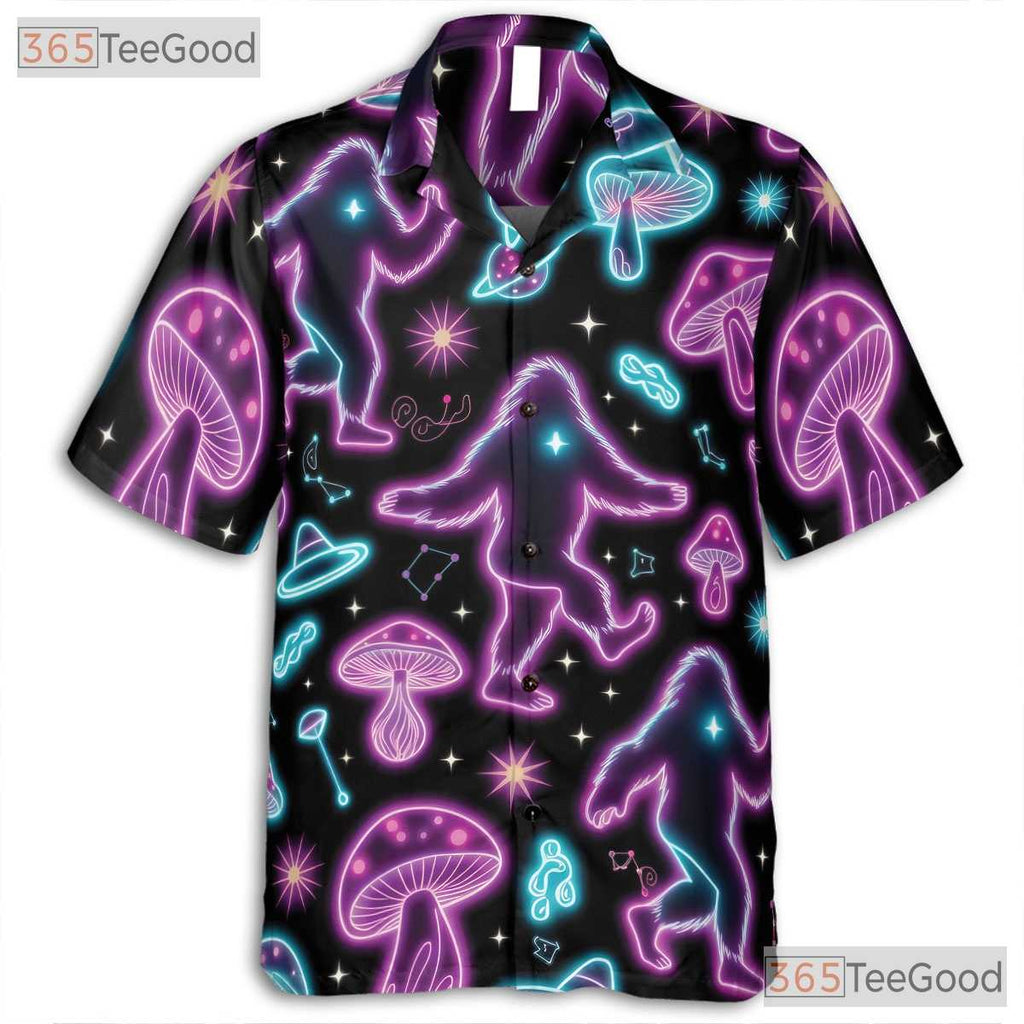 Trippy Psychedelic Bigfoot Hawaiian Tee- Unisex Neon Mushroom Festival Top