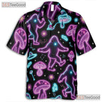 Trippy Psychedelic Bigfoot Hawaiian Tee- Unisex Neon Mushroom Festival Top