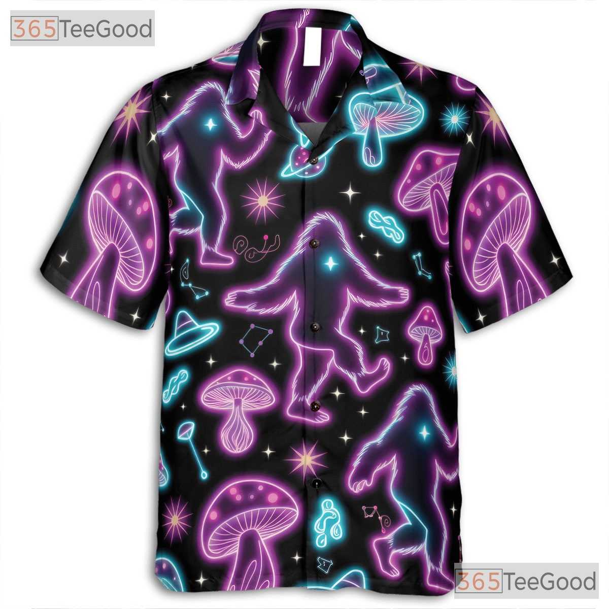 Trippy Psychedelic Bigfoot Hawaiian Tee- Unisex Neon Mushroom Festival Top