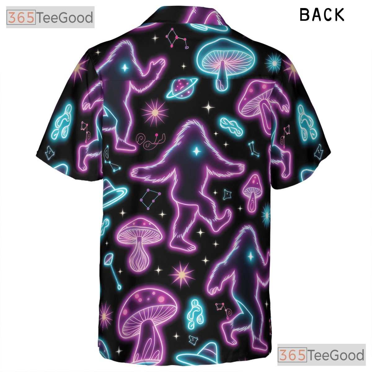 Trippy Psychedelic Bigfoot Hawaiian Tee- Unisex Neon Mushroom Festival Top