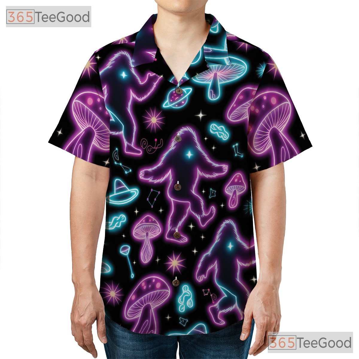Trippy Psychedelic Bigfoot Hawaiian Tee- Unisex Neon Mushroom Festival Top