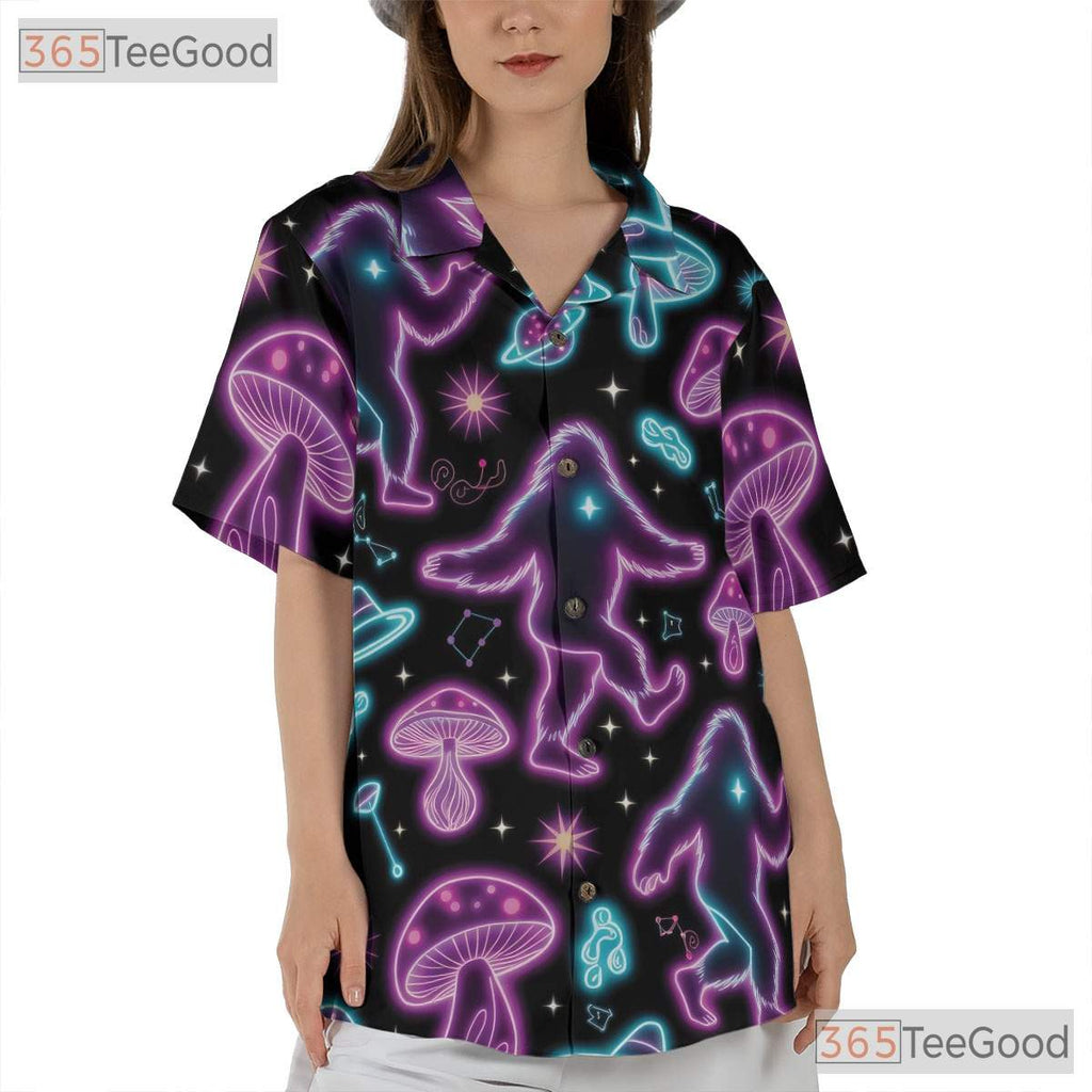 Trippy Psychedelic Bigfoot Hawaiian Tee- Unisex Neon Mushroom Festival Top