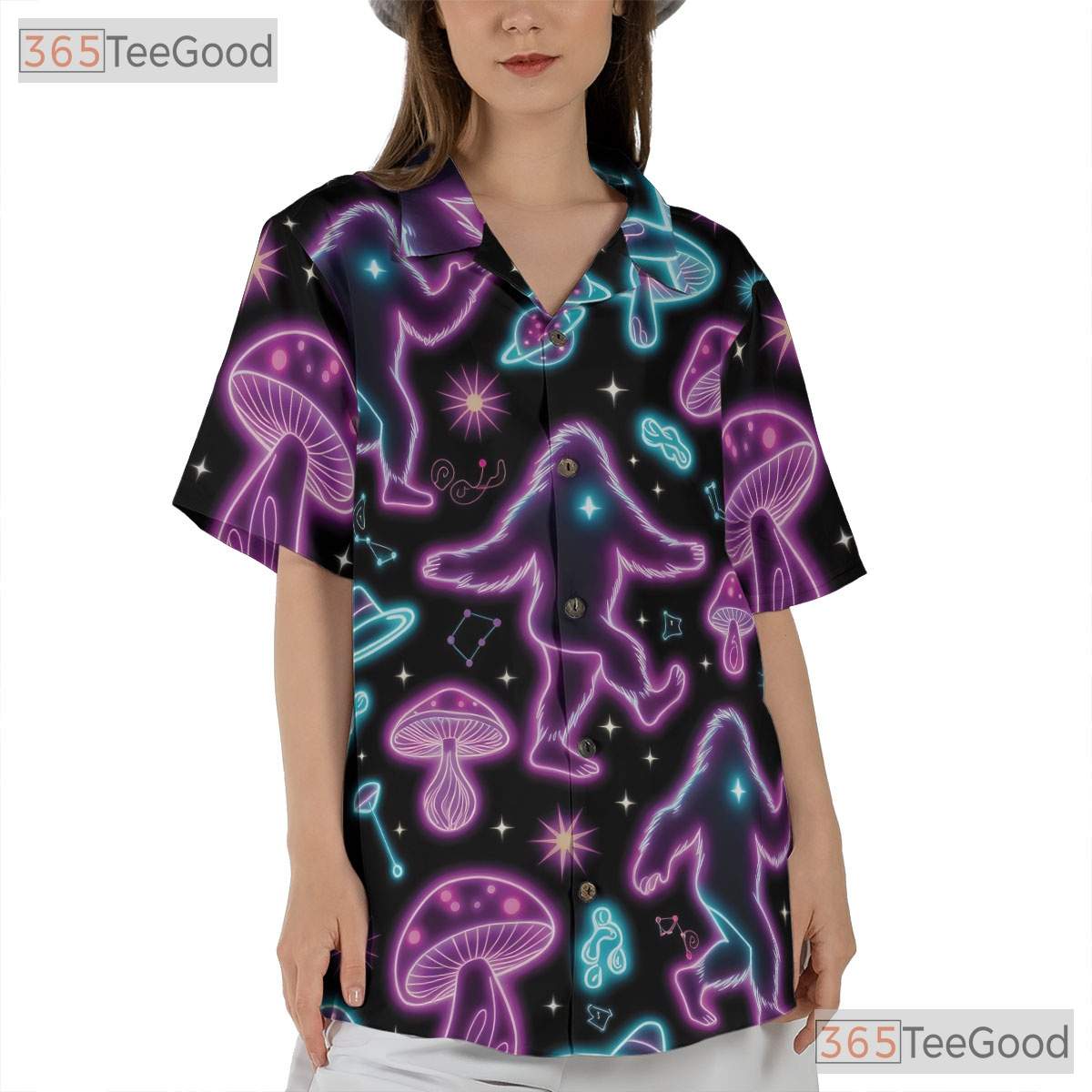 Trippy Psychedelic Bigfoot Hawaiian Tee- Unisex Neon Mushroom Festival Top