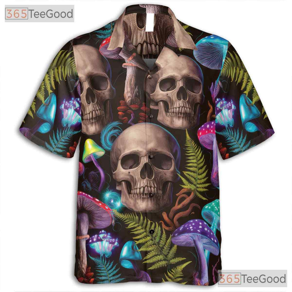 Trippy Skull Mushroom Hawaiian Tee - Women's Psychedelic Festival Shirt