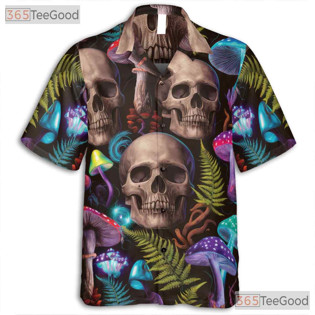 Trippy Skull Mushroom Hawaiian Tee - Women's Psychedelic Festival Shirt