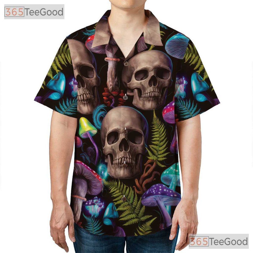 Trippy Skull Mushroom Hawaiian Tee - Women's Psychedelic Festival Shirt