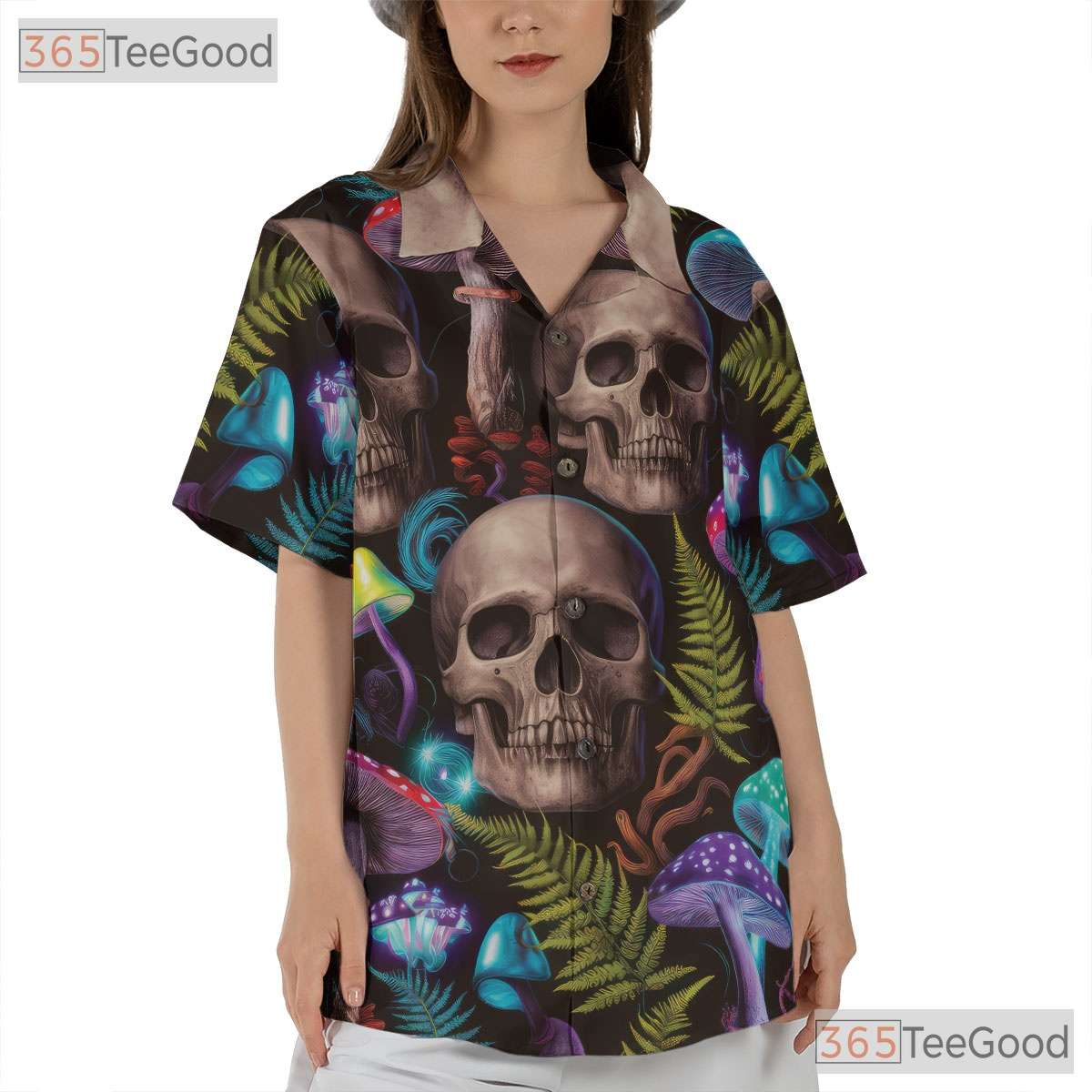 Trippy Skull Mushroom Hawaiian Tee - Women's Psychedelic Festival Shirt