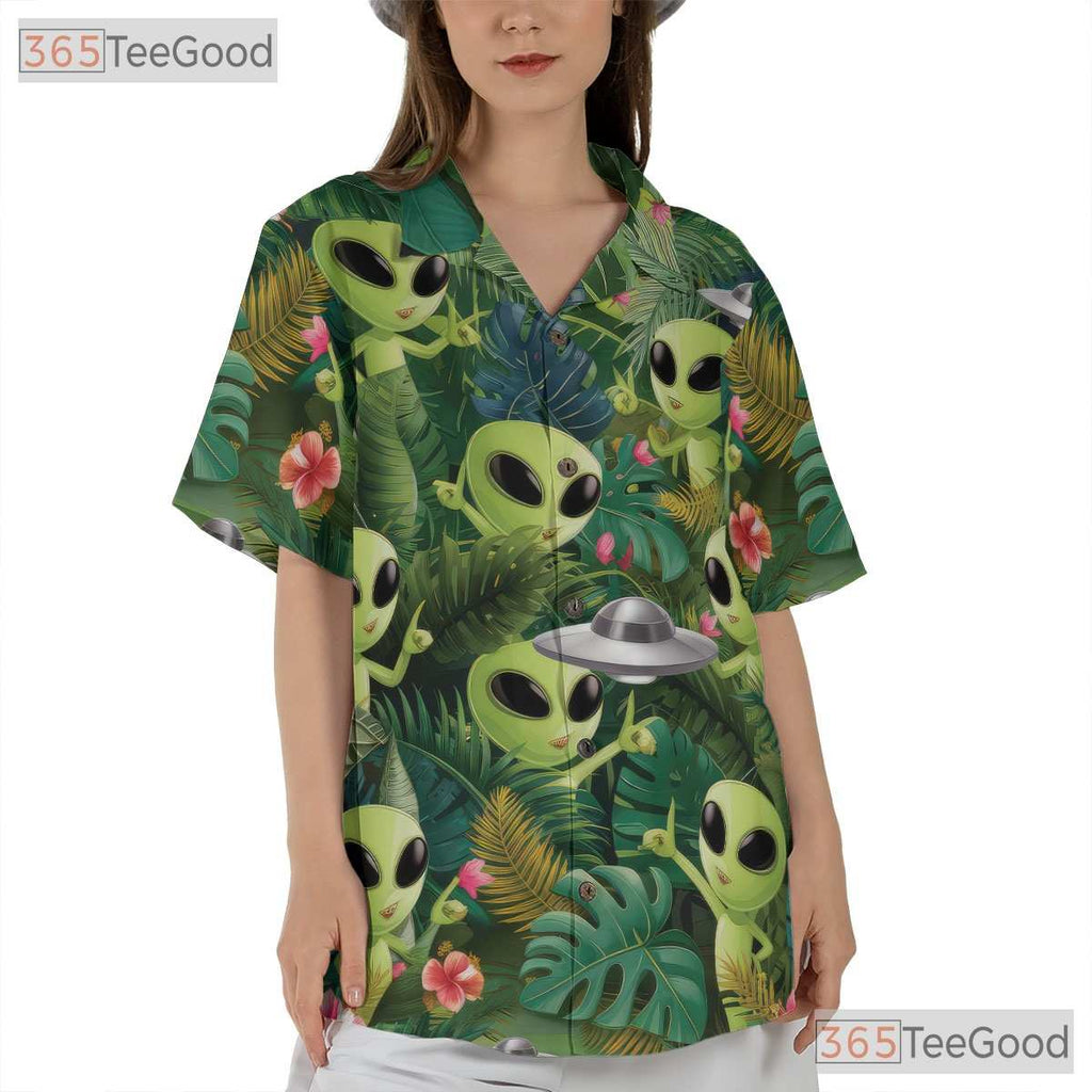 Tropical Alien UFO Hawaiian Shirt - Women's Sci-Fi Beach Aesthetic Tee