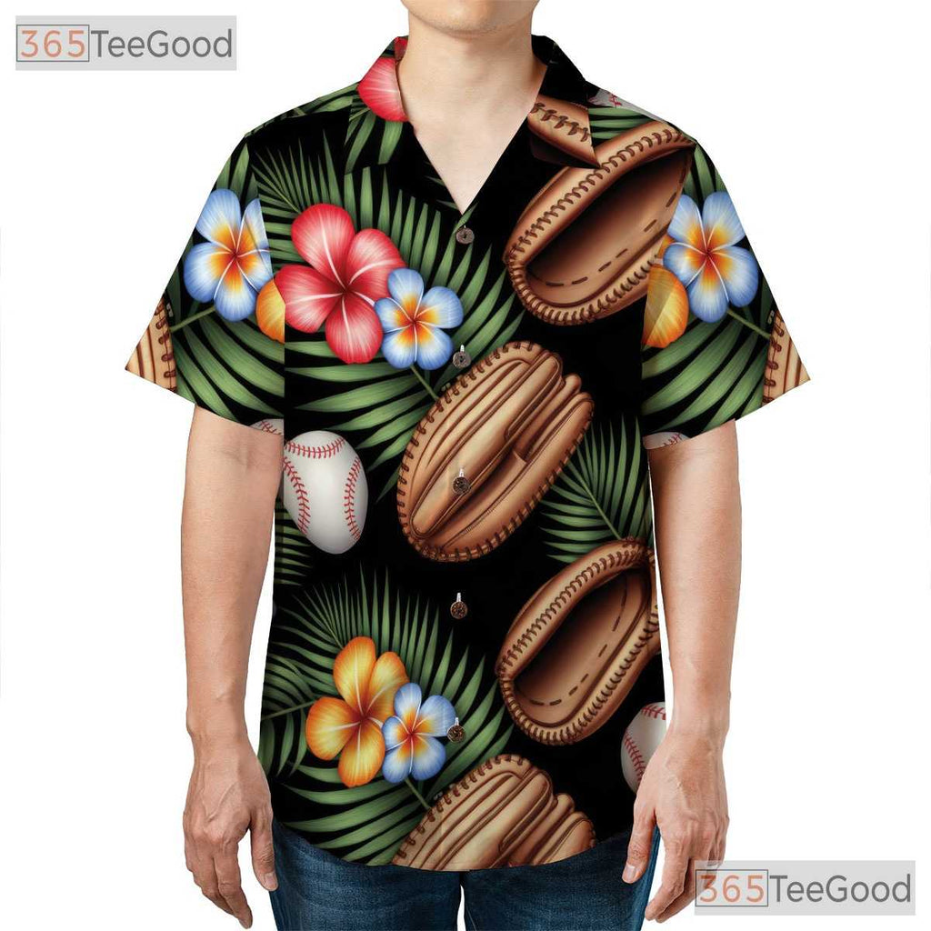 Tropical Baseball Print Hawaiian Tee- Unisex Summer Sports Palm Floral Top
