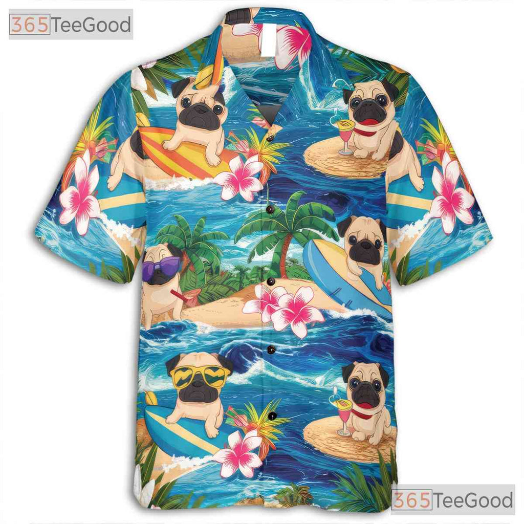 Tropical Beach Aloha Print Surfing Pug Hawaiian Shirt Men Women Summer Top