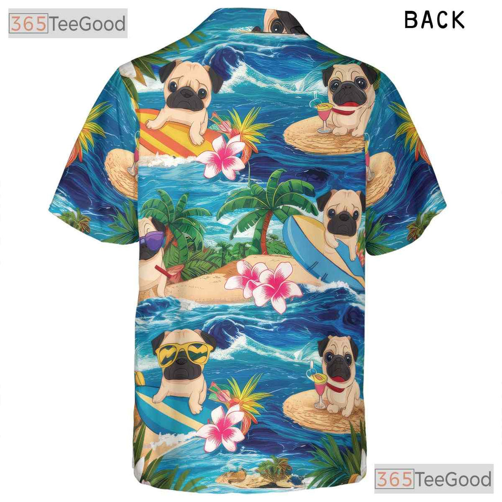 Tropical Beach Aloha Print Surfing Pug Hawaiian Shirt Men Women Summer Top