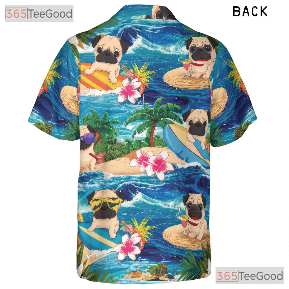 Tropical Beach Aloha Print Surfing Pug Hawaiian Shirt Men Women Summer Top