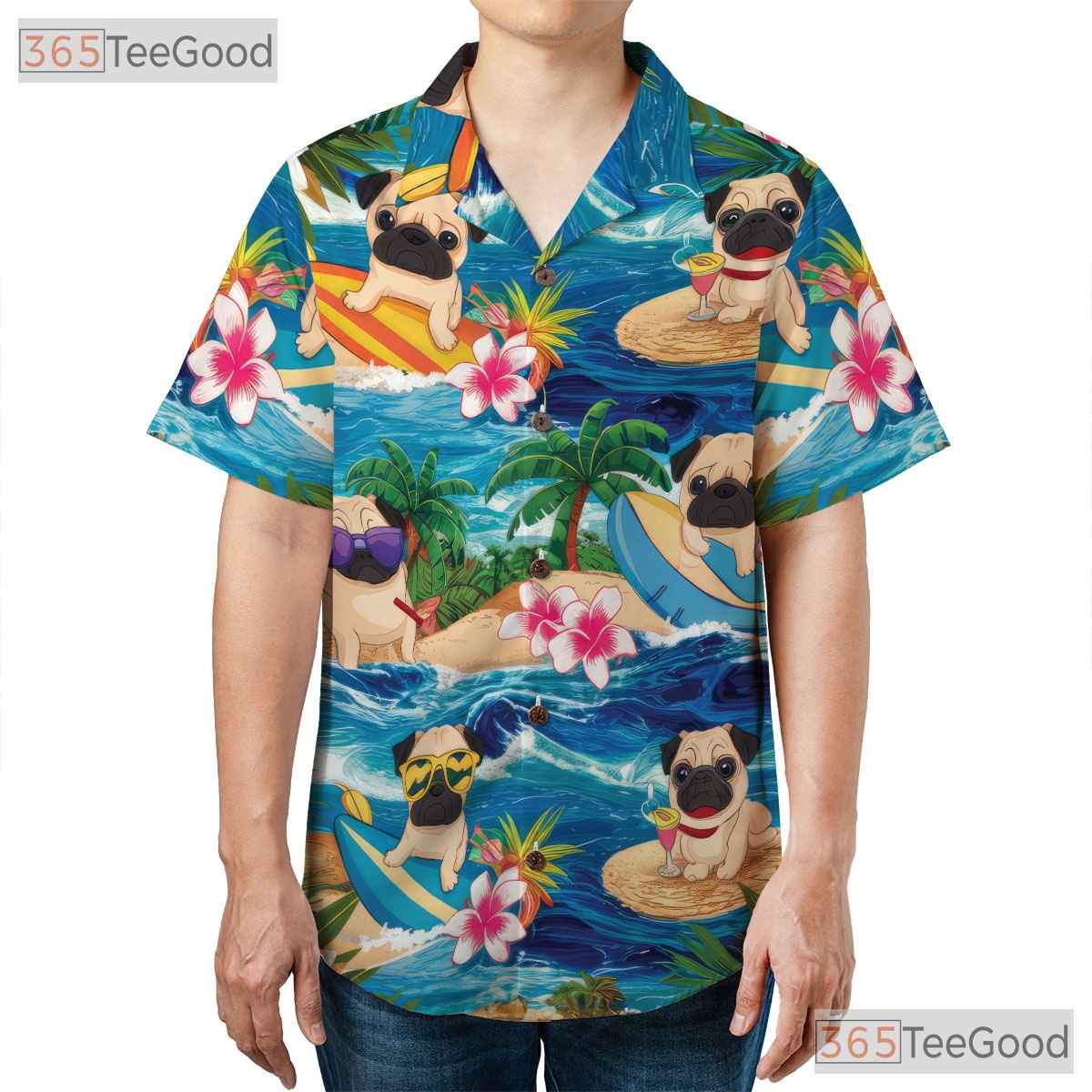 Tropical Beach Aloha Print Surfing Pug Hawaiian Shirt Men Women Summer Top