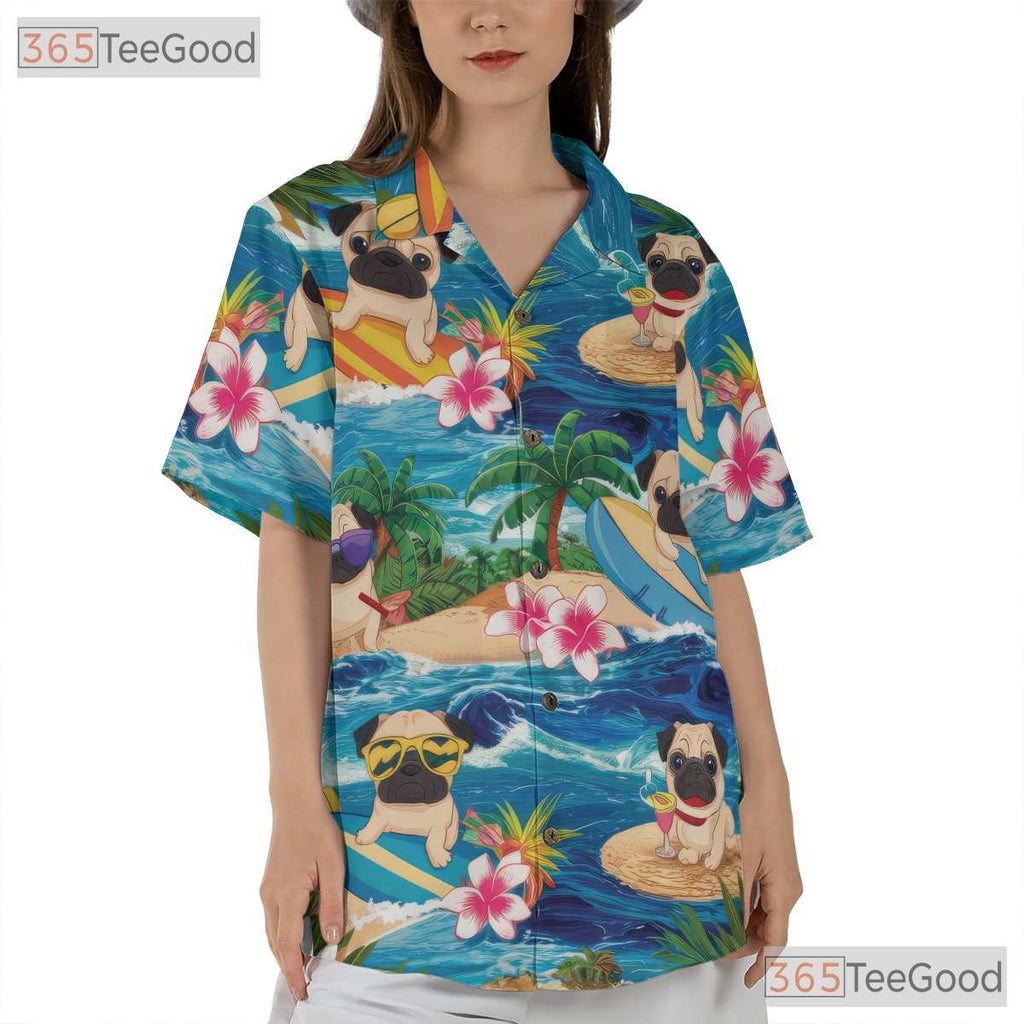 Tropical Beach Aloha Print Surfing Pug Hawaiian Shirt Men Women Summer Top