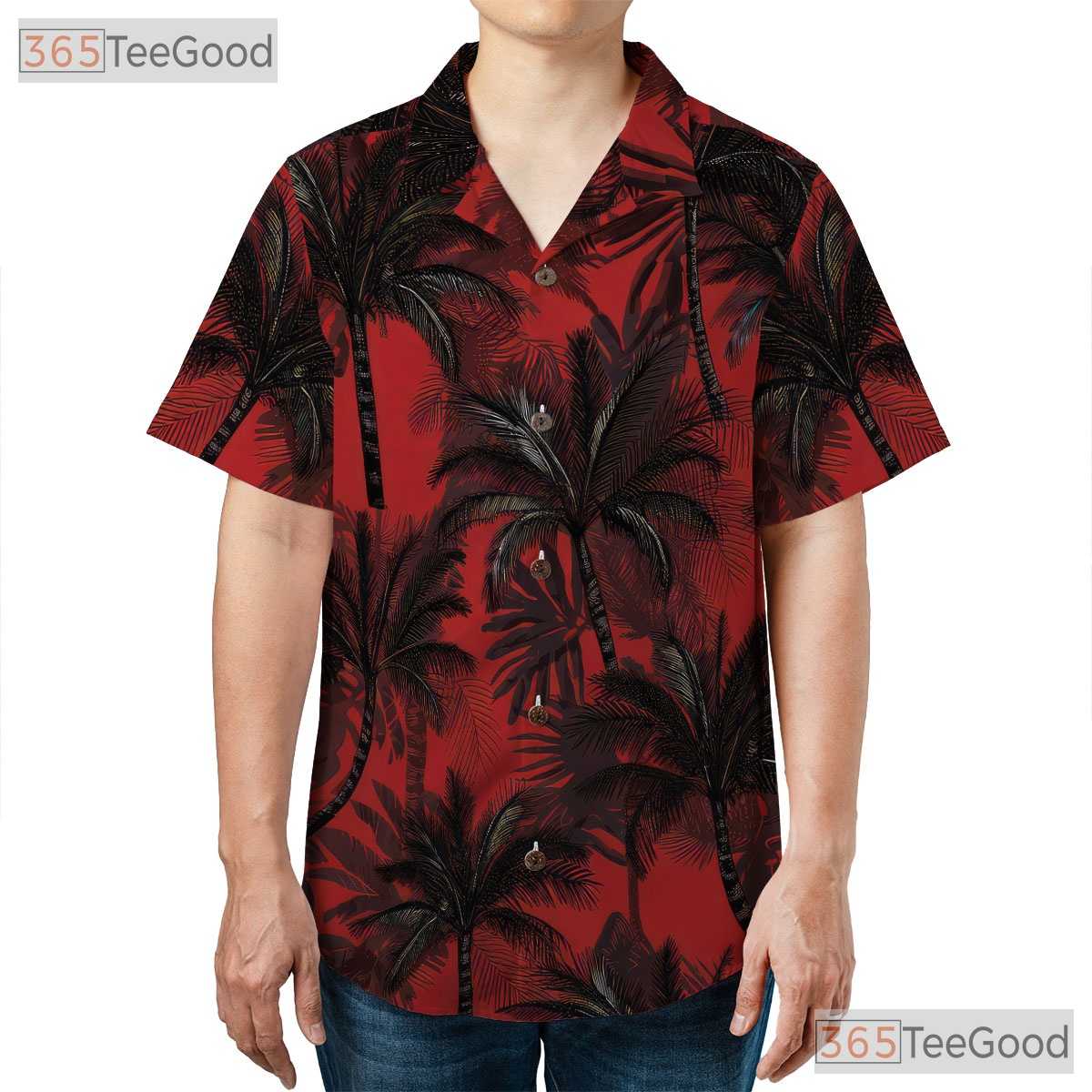 Tropical Beach Vibes Red Black Palm Tree Hawaiian Shirt Men Women Outfit