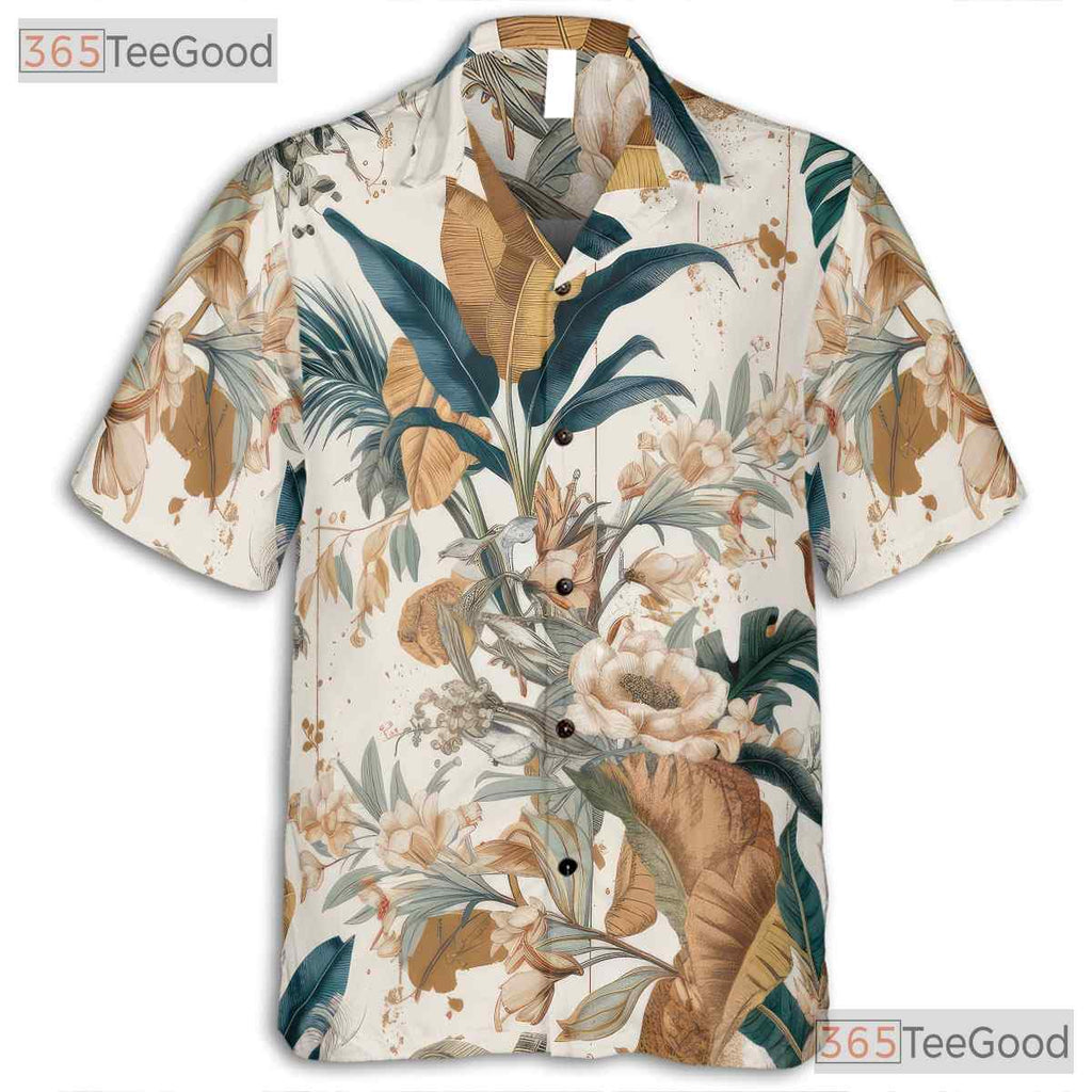 Tropical Birds Floral Leaves Print Vintage Hawaiian Shirt Unisex Beachwear