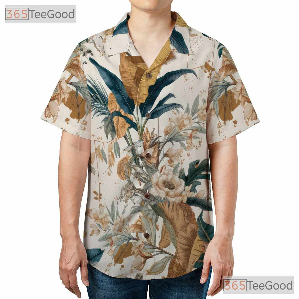 Tropical Birds Floral Leaves Print Vintage Hawaiian Shirt Unisex Beachwear
