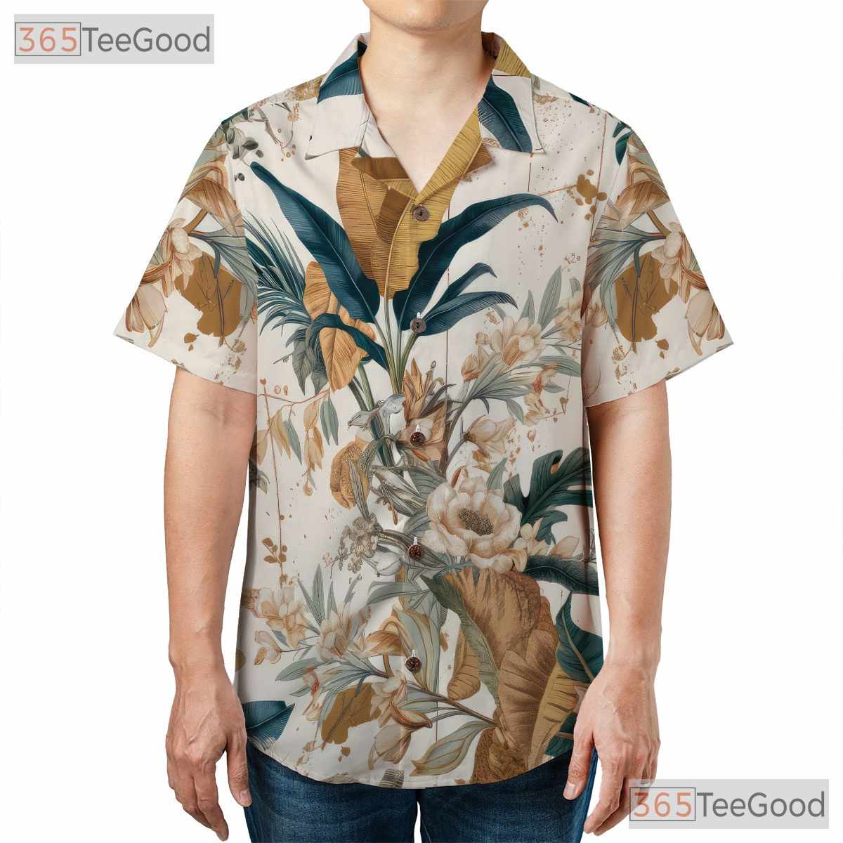 Tropical Birds Floral Leaves Print Vintage Hawaiian Shirt Unisex Beachwear