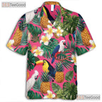Tropical Birds Pineapples Flowers Pink Print Hawaiian Shirt Unisex Outfit