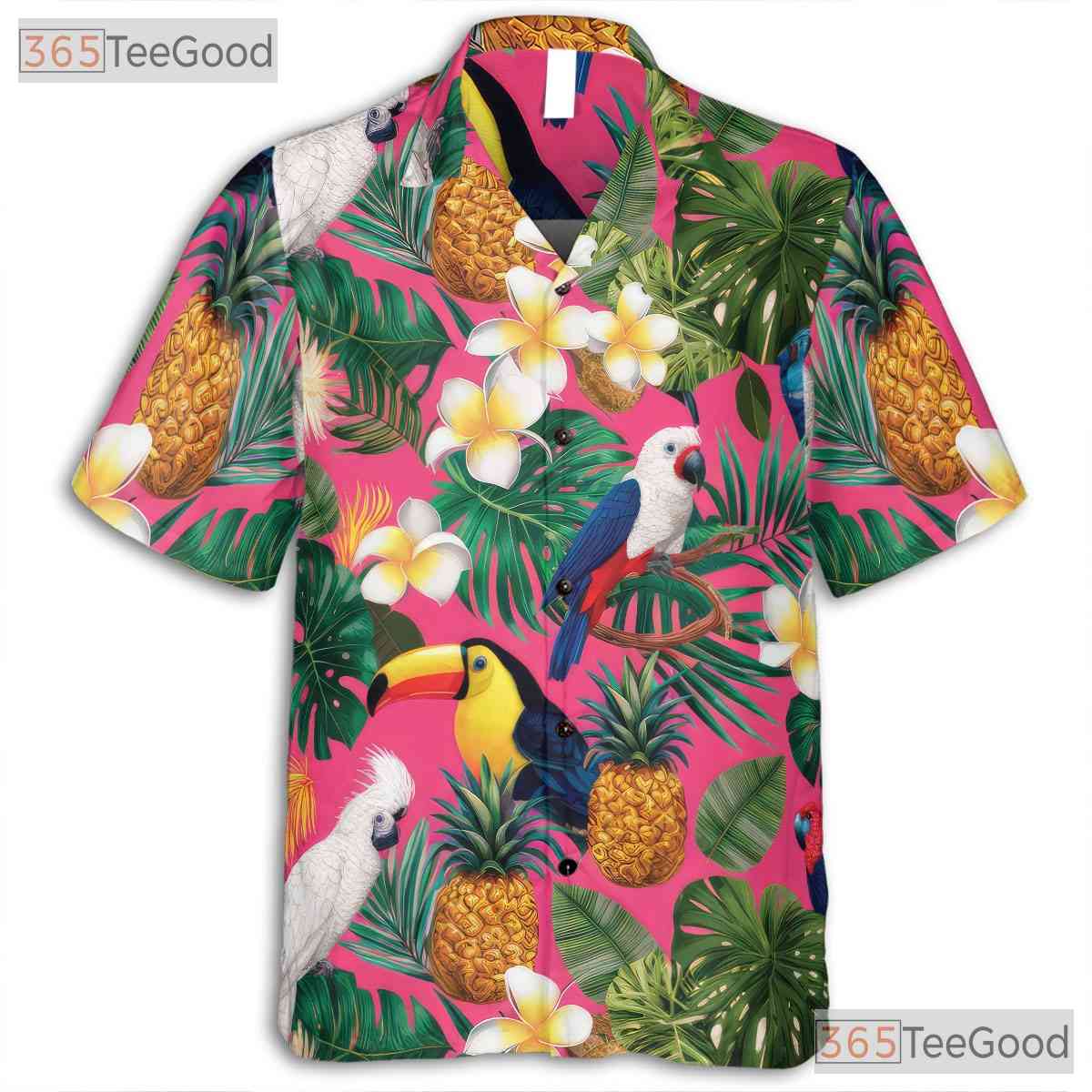 Tropical Birds Pineapples Flowers Pink Print Hawaiian Shirt Unisex Outfit