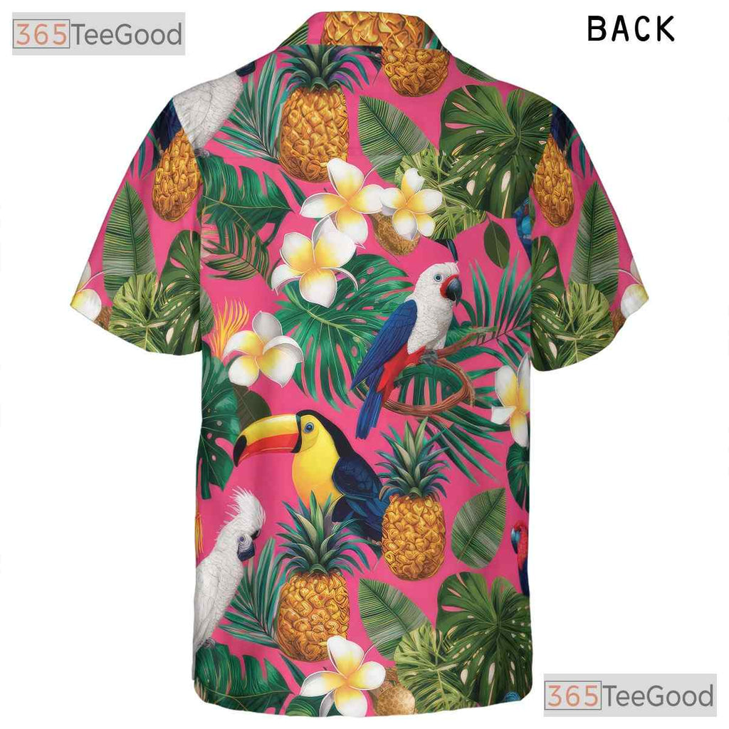Tropical Birds Pineapples Flowers Pink Print Hawaiian Shirt Unisex Outfit