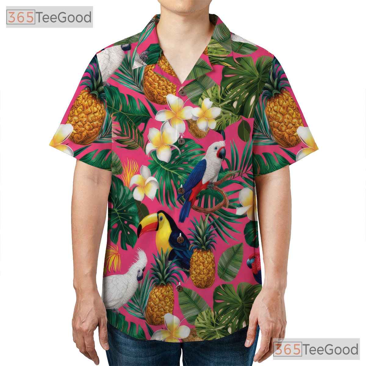 Tropical Birds Pineapples Flowers Pink Print Hawaiian Shirt Unisex Outfit