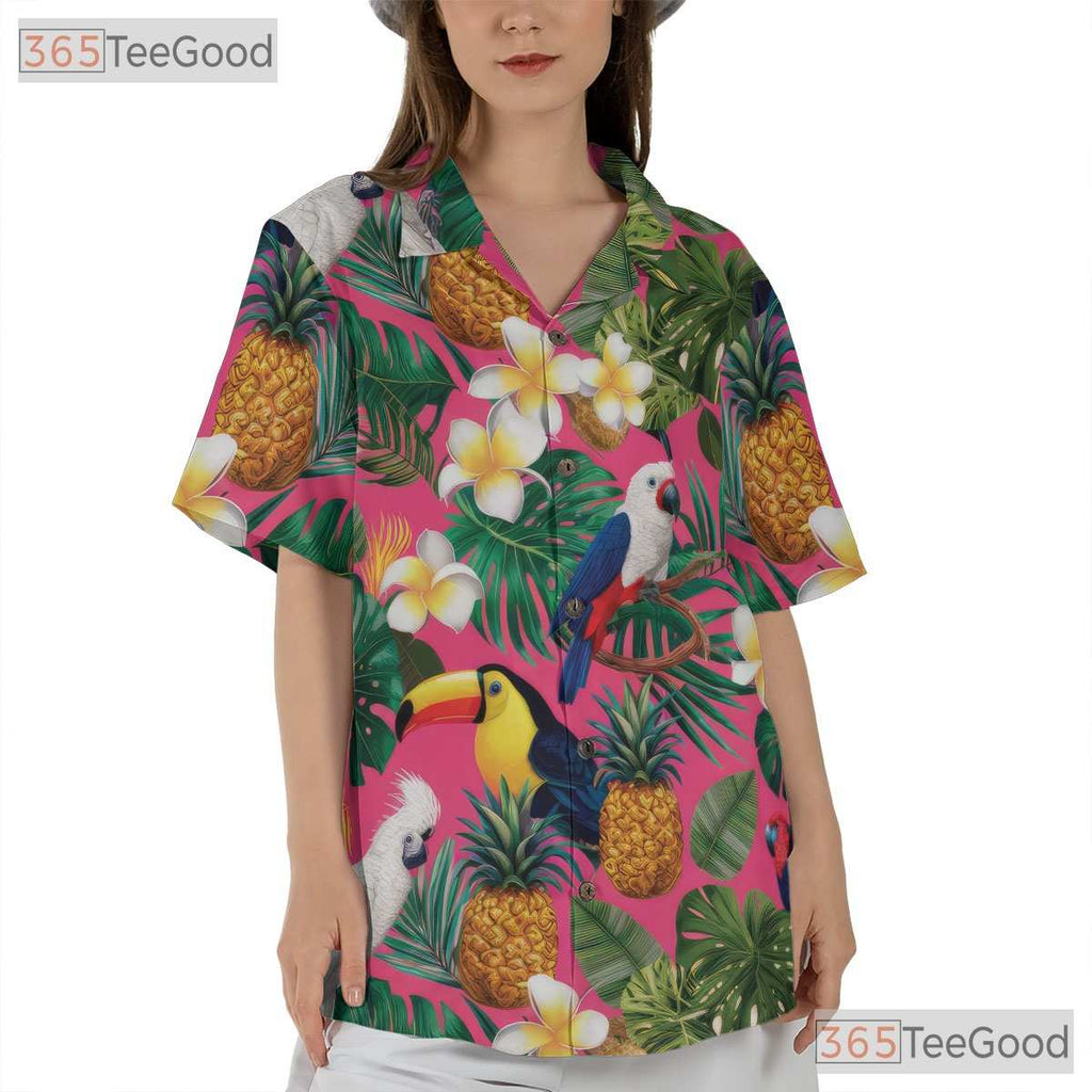 Tropical Birds Pineapples Flowers Pink Print Hawaiian Shirt Unisex Outfit
