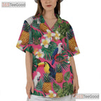 Tropical Birds Pineapples Flowers Pink Print Hawaiian Shirt Unisex Outfit