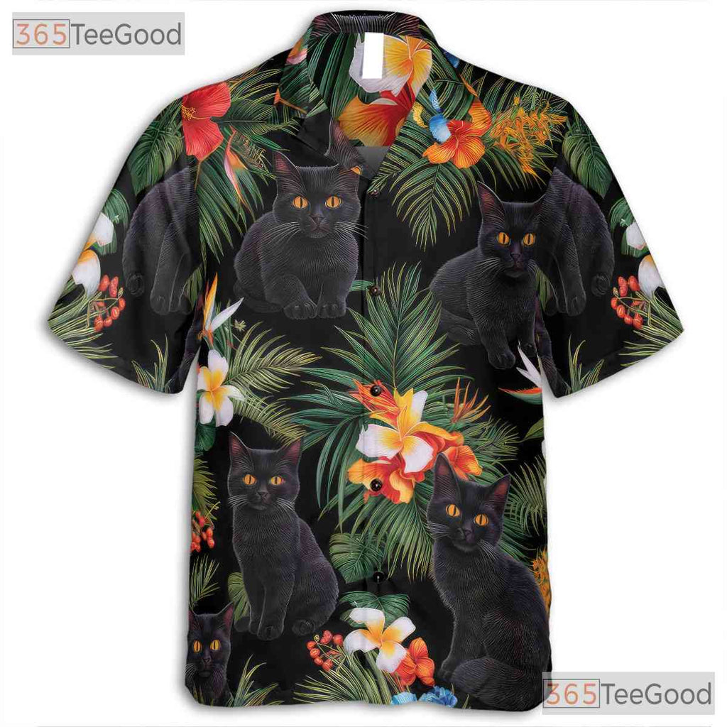 Tropical Black Cat Floral Aloha Beach Party Hawaiian Tee Unisex Outfit Top