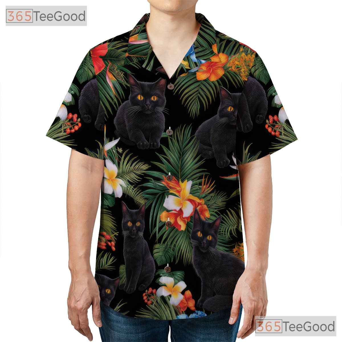 Tropical Black Cat Floral Aloha Beach Party Hawaiian Tee Unisex Outfit Top