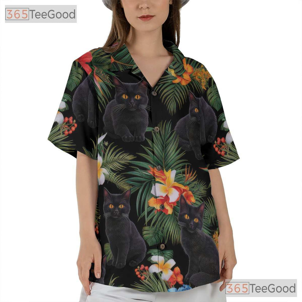 Tropical Black Cat Floral Aloha Beach Party Hawaiian Tee Unisex Outfit Top