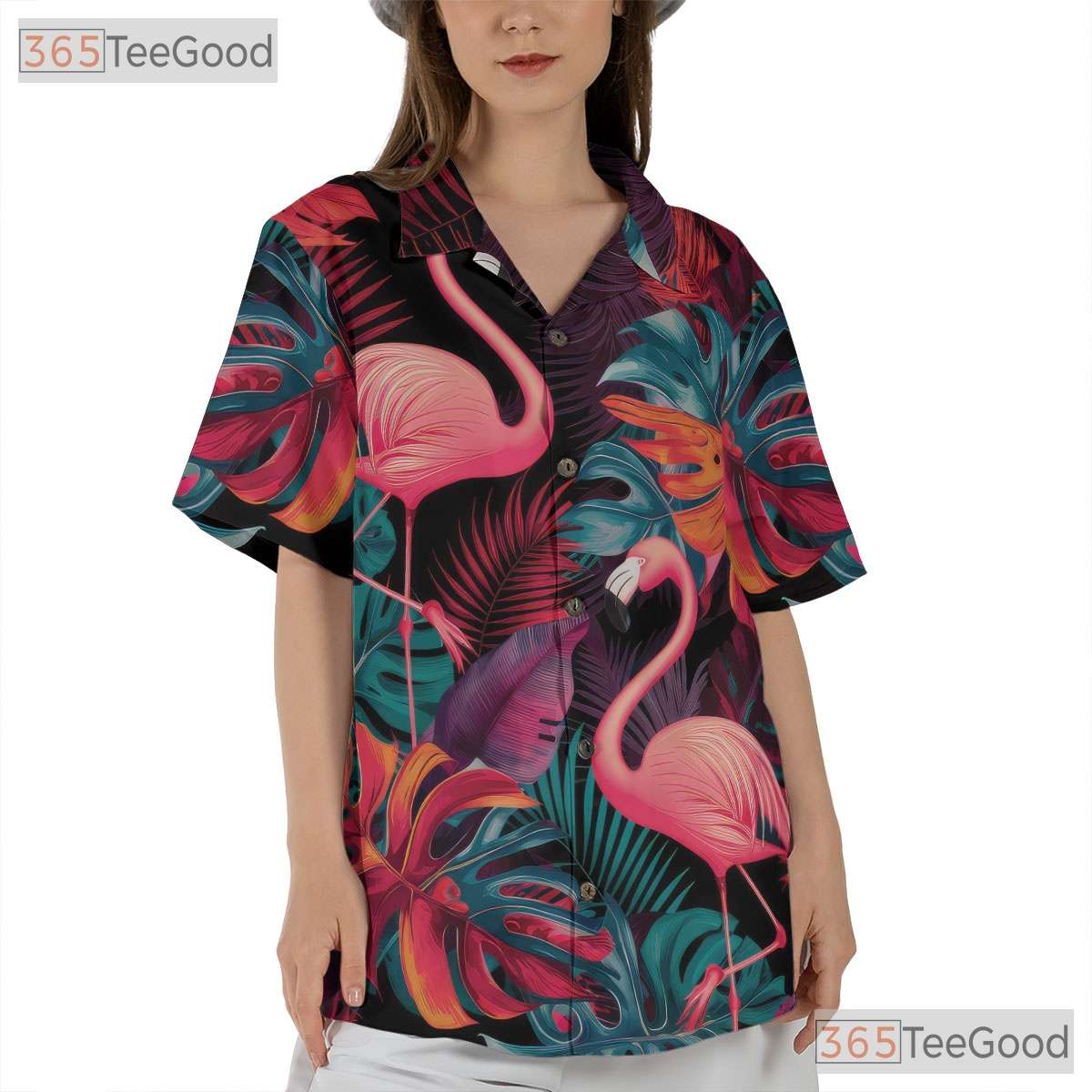 Tropical Black Design Neon Flamingo Print Hawaiian Shirt Men Women Outfit