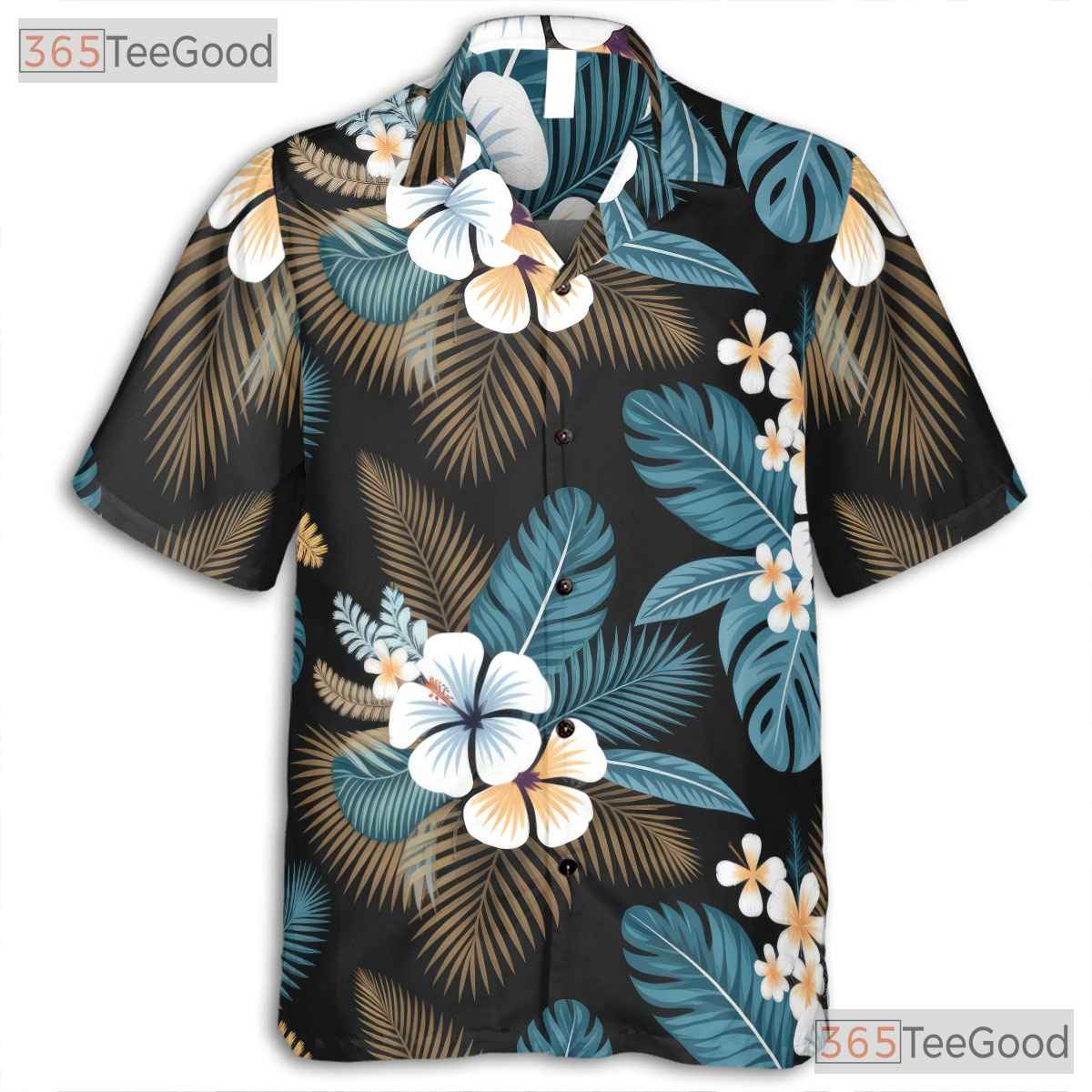 Tropical Black Palm Hibiscus Hawaiian Shirt- Unisex Floral Aloha Vacation Top