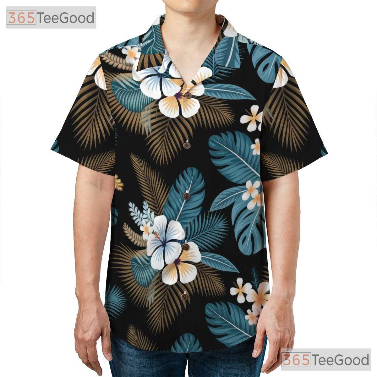 Tropical Black Palm Hibiscus Hawaiian Shirt- Unisex Floral Aloha Vacation Top
