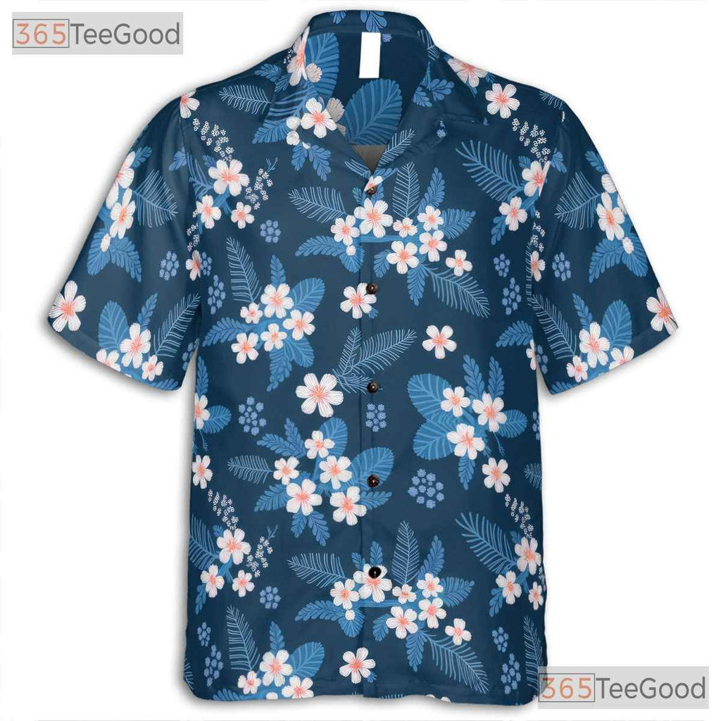 Tropical Blue Floral Hawaiian Shirt- Unisex Beach Vacation Aloha Button-Up