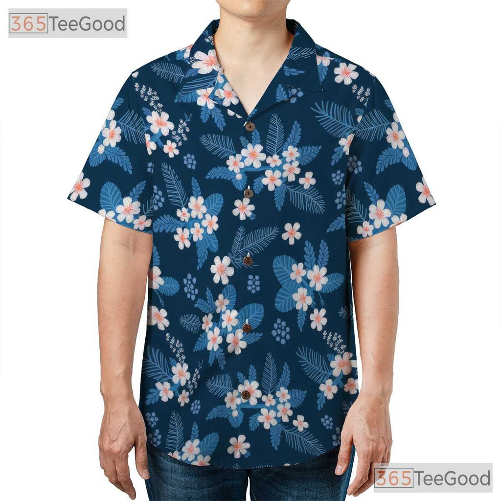 Tropical Blue Floral Hawaiian Shirt- Unisex Beach Vacation Aloha Button-Up