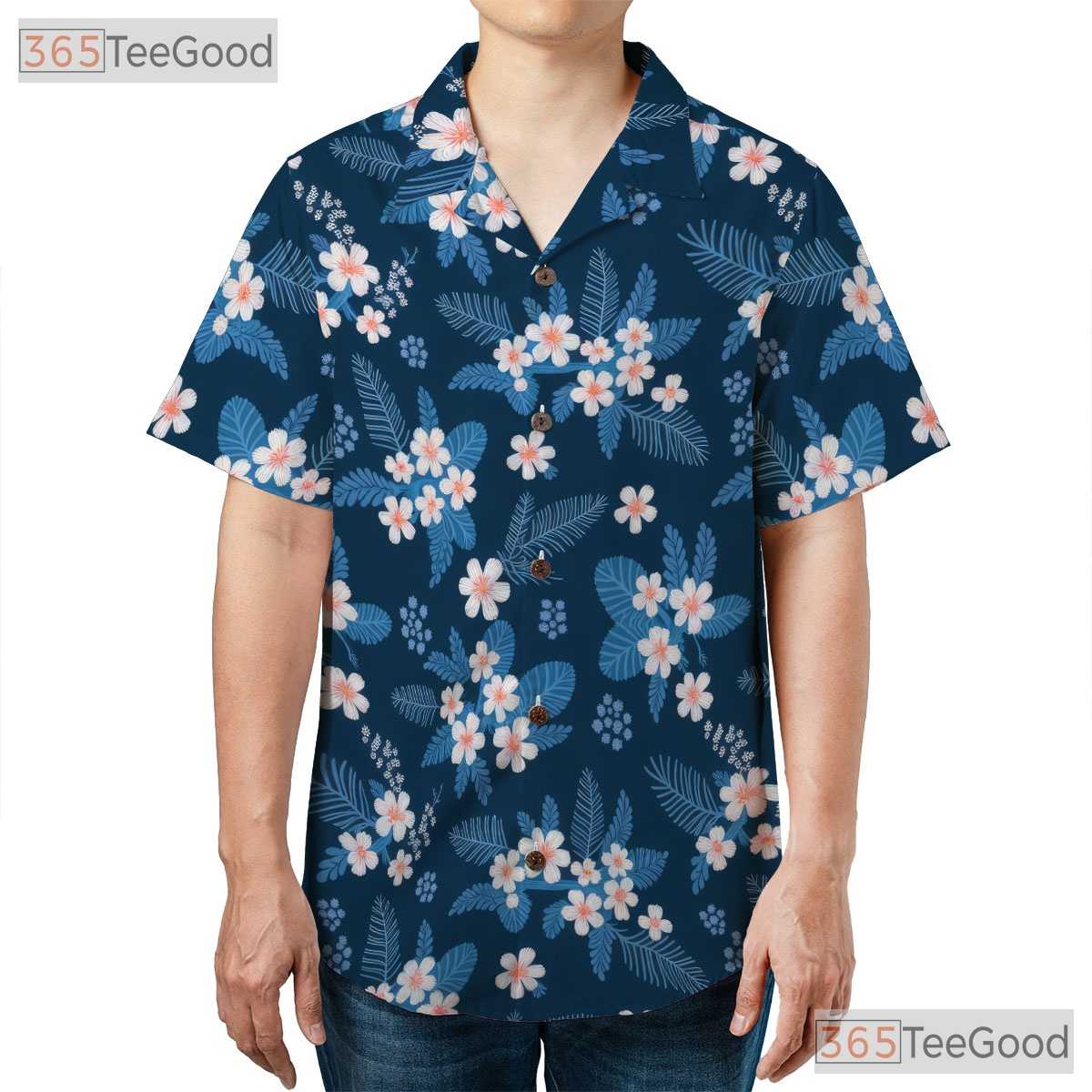 Tropical Blue Floral Hawaiian Shirt- Unisex Beach Vacation Aloha Button-Up