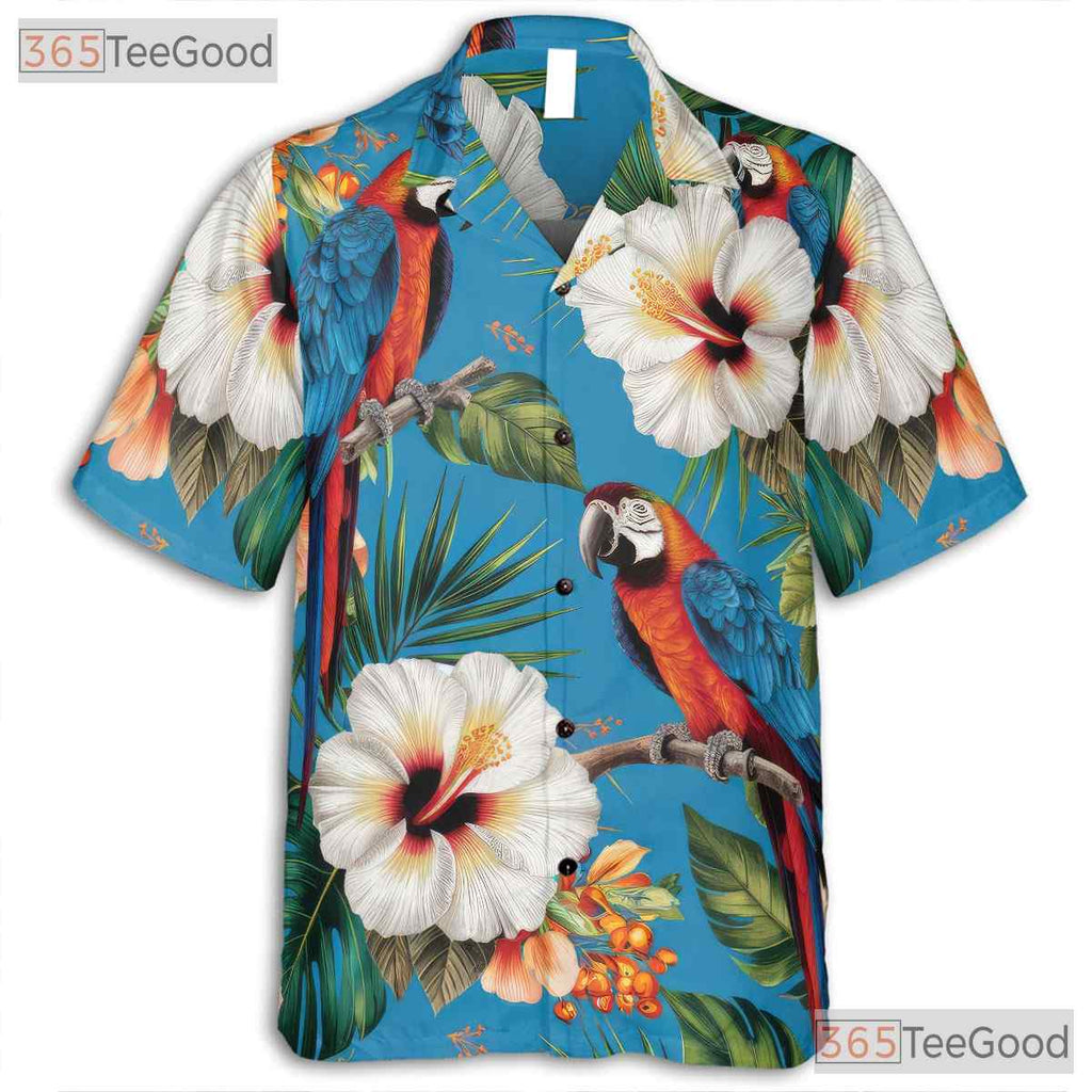 Tropical Blue Parrot Floral Beach Aloha Hawaiian Shirt for Men Women Summer Top