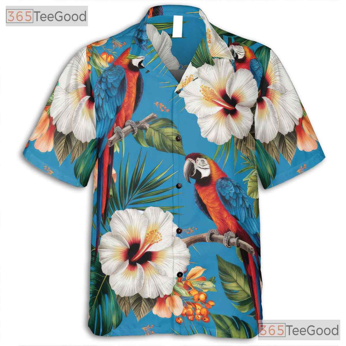 Tropical Blue Parrot Floral Beach Aloha Hawaiian Shirt for Men Women Summer Top