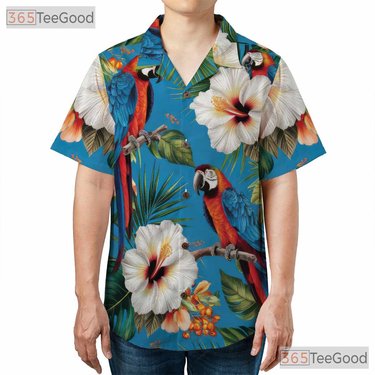 Tropical Blue Parrot Floral Beach Aloha Hawaiian Shirt for Men Women Summer Top