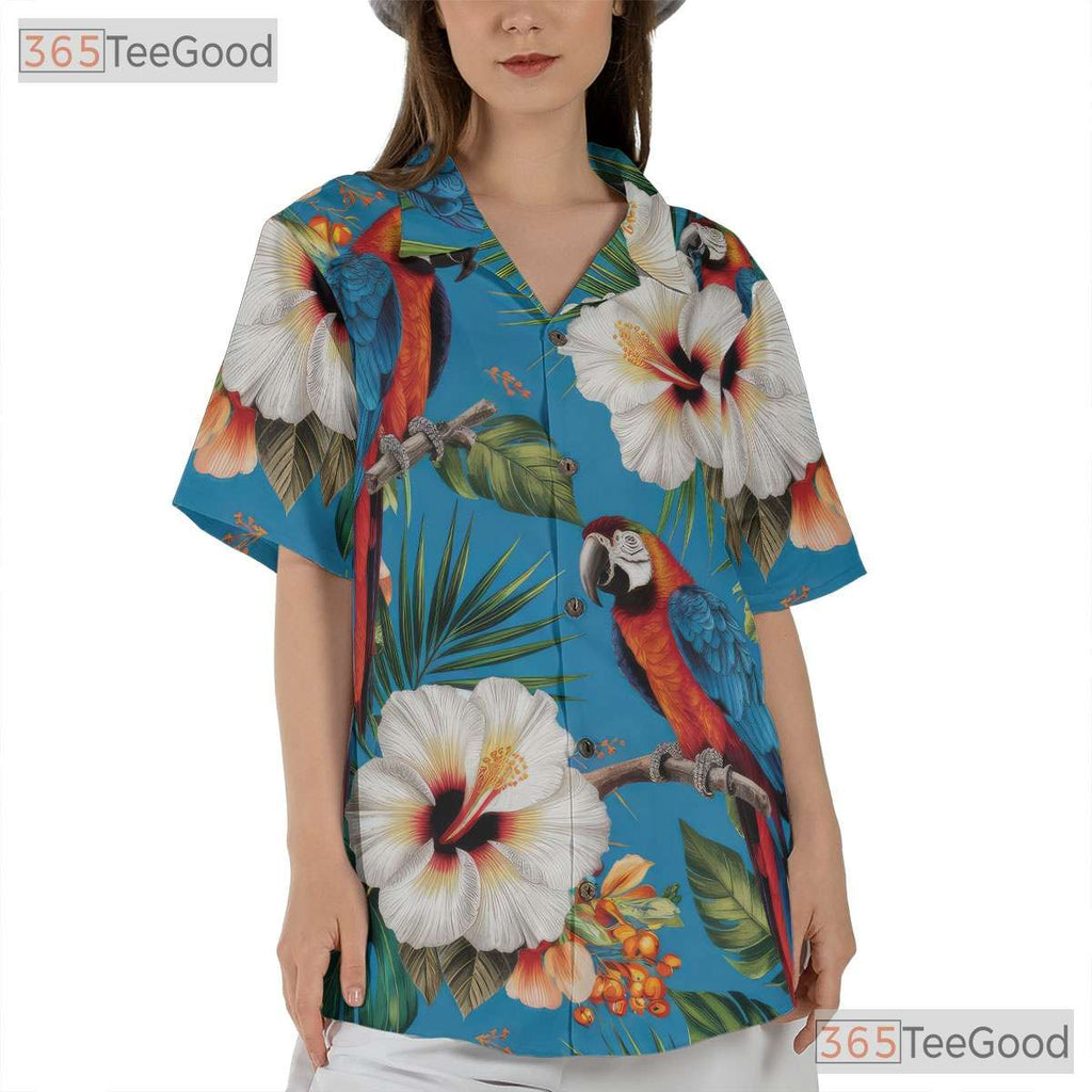 Tropical Blue Parrot Floral Beach Aloha Hawaiian Shirt for Men Women Summer Top