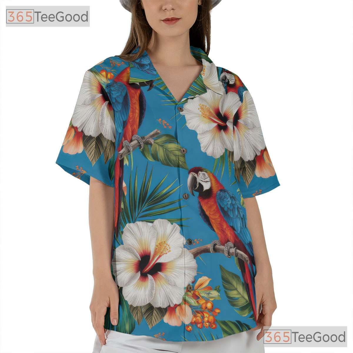 Tropical Blue Parrot Floral Beach Aloha Hawaiian Shirt for Men Women Summer Top