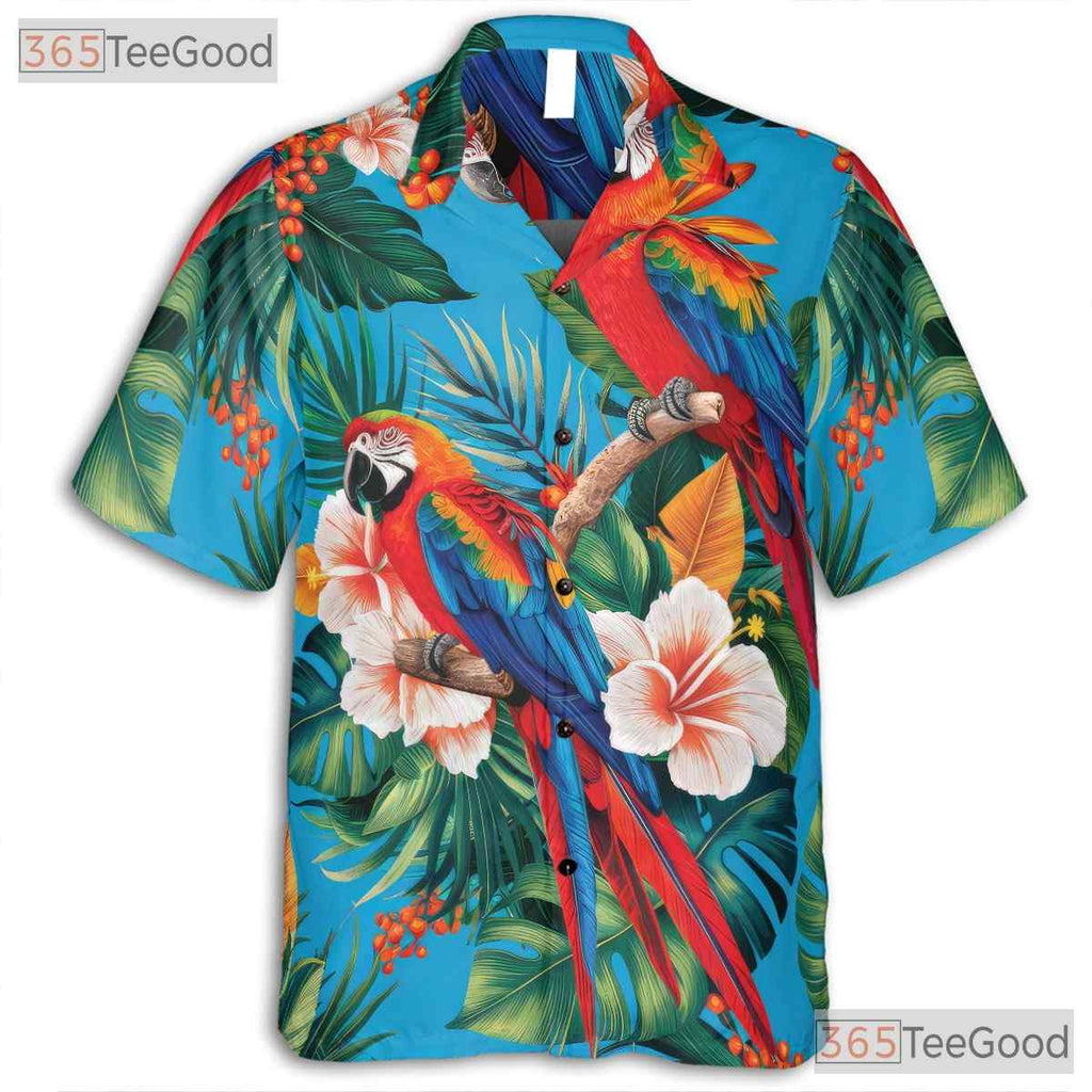 Tropical Blue Parrot Island Print Hawaiian Tee Unisex Summer Beach Vacation Top