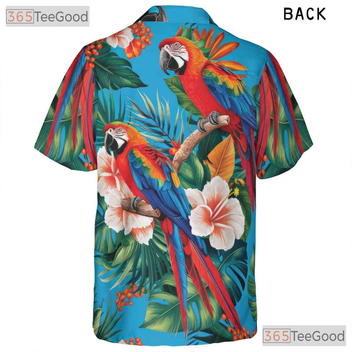 Tropical Blue Parrot Island Print Hawaiian Tee Unisex Summer Beach Vacation Top