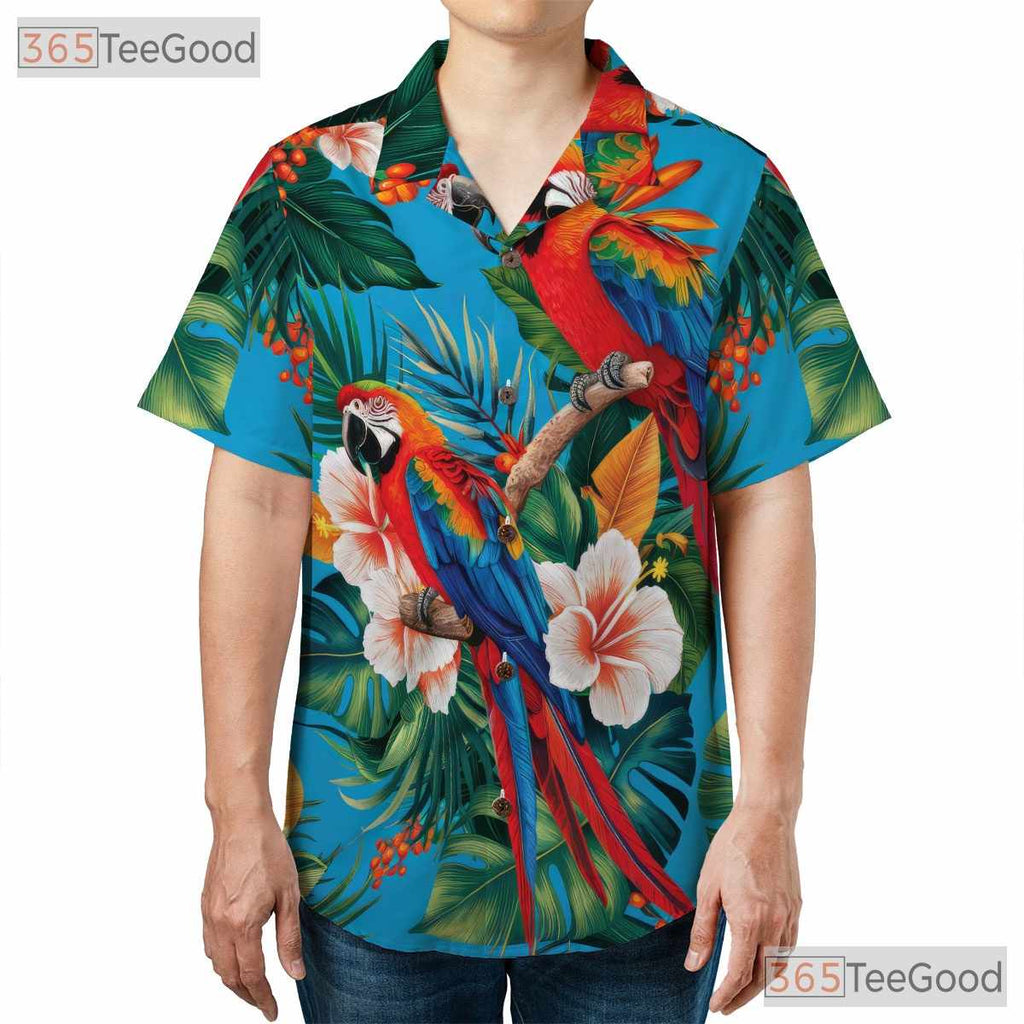 Tropical Blue Parrot Island Print Hawaiian Tee Unisex Summer Beach Vacation Top