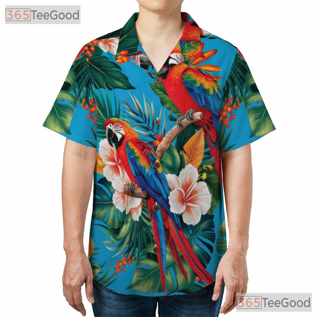 Tropical Blue Parrot Island Print Hawaiian Tee Unisex Summer Beach Vacation Top
